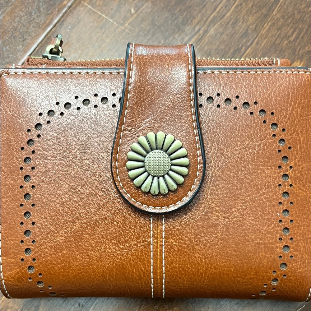 Brown Leather Wallet with Floral Detail